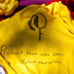 Yellow t-shirt that says Protect those who can't protect themselves