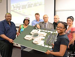Professor Jean-Claude Guilbaud gave the thesis project an A. From left, Babalola Fabahunsi, Shavon Daniels, Al McClenney, Gilbaud, Turnipseed and Simpson.